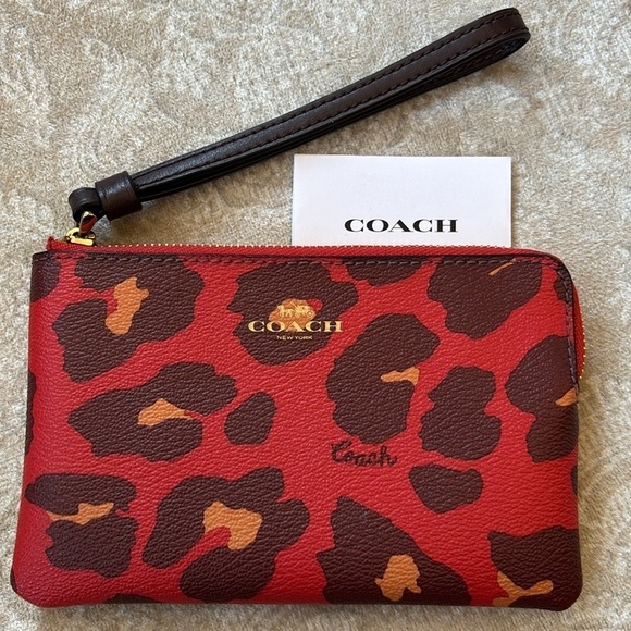 Brand New Coach Genuine Leather Red Brown Animal Print Zippered Wristlet
